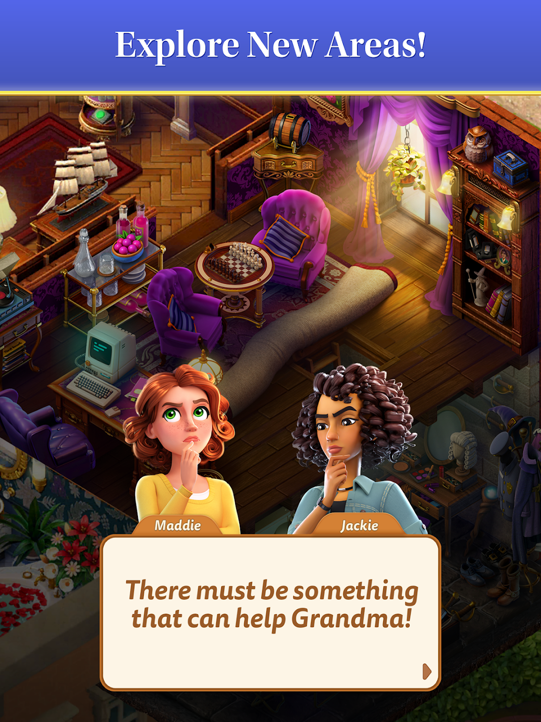 Merge Mansion – Image from Play Store showing two characters in foreground talking with a dialogue box at the bottom. In the background a room with a mysterious ladder going into the unknown downstairs.